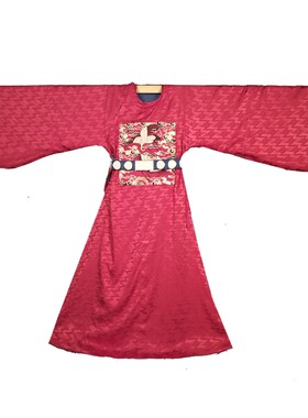 栖凤阁明式大红四合如意团云暗地仙鹤补圆领袍明代汉服官服婚服
