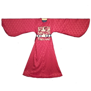 栖凤阁明式大红四合如意团云暗地仙鹤补圆领袍明代汉服官服婚服