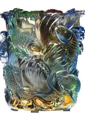 汉风琉璃年年有余笔筒刻字摆件