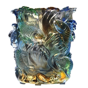 汉风琉璃年年有余琉璃双鱼笔筒刻字加logo办公会议礼品琉璃摆件