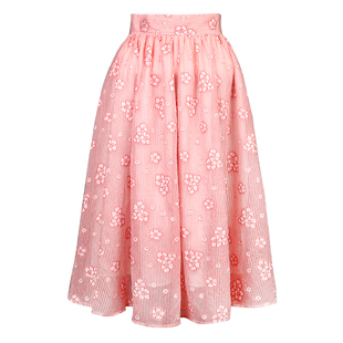 JUNGLE ME夏季薄款条纹绣花轻飘逸粉红色高腰A字半身裙原创设计师