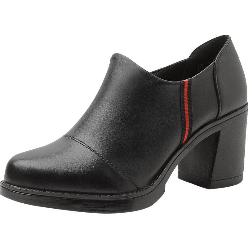 达令宝贝2026春季新款真皮女单鞋气质优雅粗跟圆头深口高跟鞋女