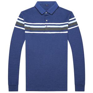 男士长袖纯棉t恤春秋有领全棉体恤爸爸秋装上衣带领横条纹POLO衫