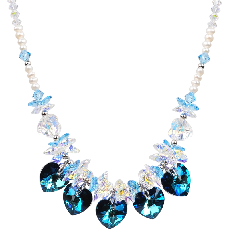 晶柜项链女锁骨链蓝色水晶海洋之心天然珍珠韩版气质时尚颈链饰品