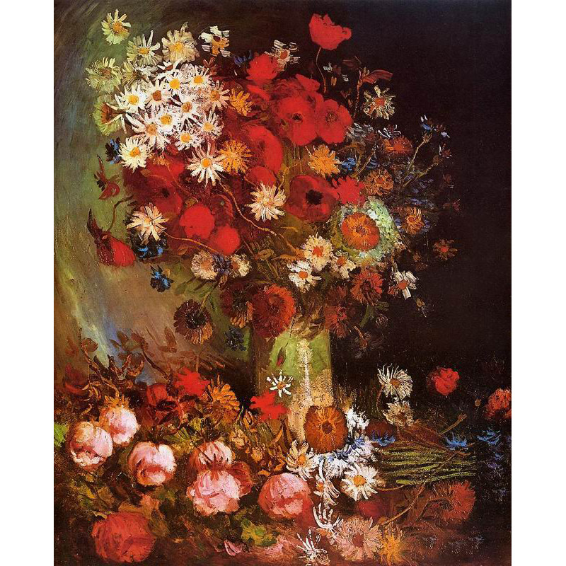 dmc名画风矢车菊罂粟菊花十字绣