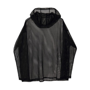 夏季暗黑系山本风镂空T恤男长袖宽松薄款个性连帽网纱罩衫上衣潮