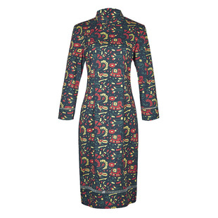 布符印花长袖中式原创日常收腰修身旗袍女