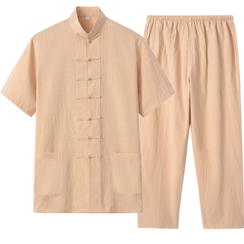 棉麻中老年短袖套装唐装男居士服