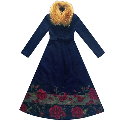 超长款过膝修身花色立领羊绒大衣