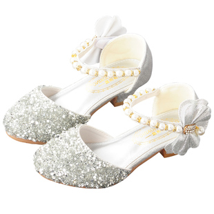 女童高跟鞋公主水晶钢琴演出礼服鞋舞台银色小主持模特儿童走秀鞋