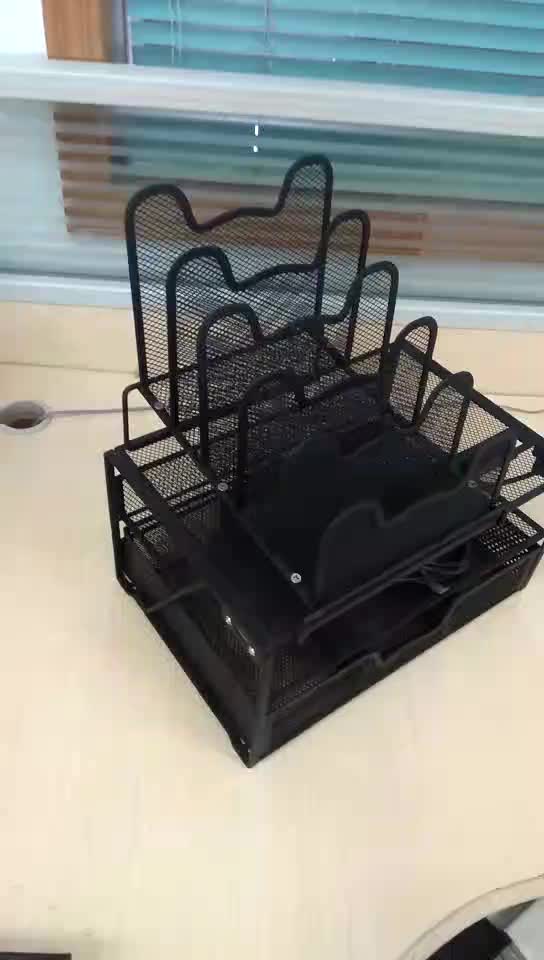 Mesh Desk Organizer With Sliding Drawer,Double Tray And 5 Stacking
