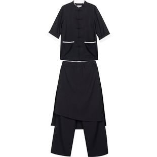 新款中式餐厅服务员工作服盘扣衬衫串串店火锅店男女套装定制logo