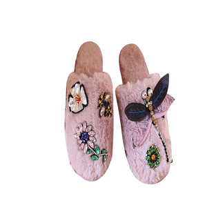 海清同款小别离 小欢喜现货高端定制花朵超闪水钻毛绒保暖棉拖鞋