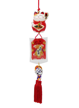 招财猫新款福缘猫陶瓷车内装饰品后车镜吊坠出入保平安铃铛挂饰
