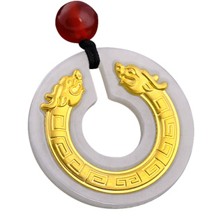 和田玉平安扣吊坠黄金镶玉项链白玉双龙头玉扣玉石挂件男女款玉佩