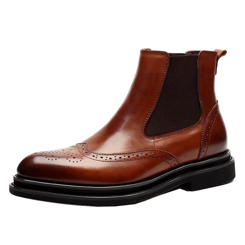 布洛克雕花男靴真皮时尚厚底男短靴休闲高帮靴男尖头靴子商务潮靴