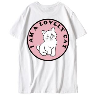 欧美潮牌贱猫韩国ulzzang日系原宿bf风可爱卡通t恤女短袖宽松半袖