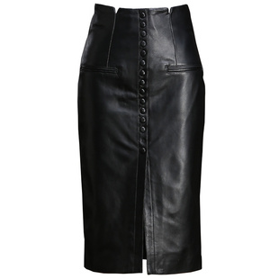 海宁真皮半身裙2026春季新款高腰绵羊皮中长裙子开叉皮裙包臀裙女