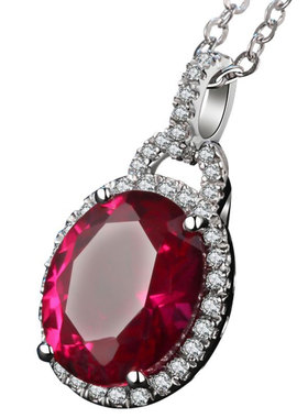 红宝石吊坠女纯银镀18k金彩色宝石项坠欧美彩宝首饰红碧玺项链