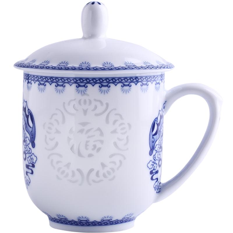 景德镇青花玲珑茶杯陶瓷办公杯家用带盖水杯马克杯会议室泡茶杯子