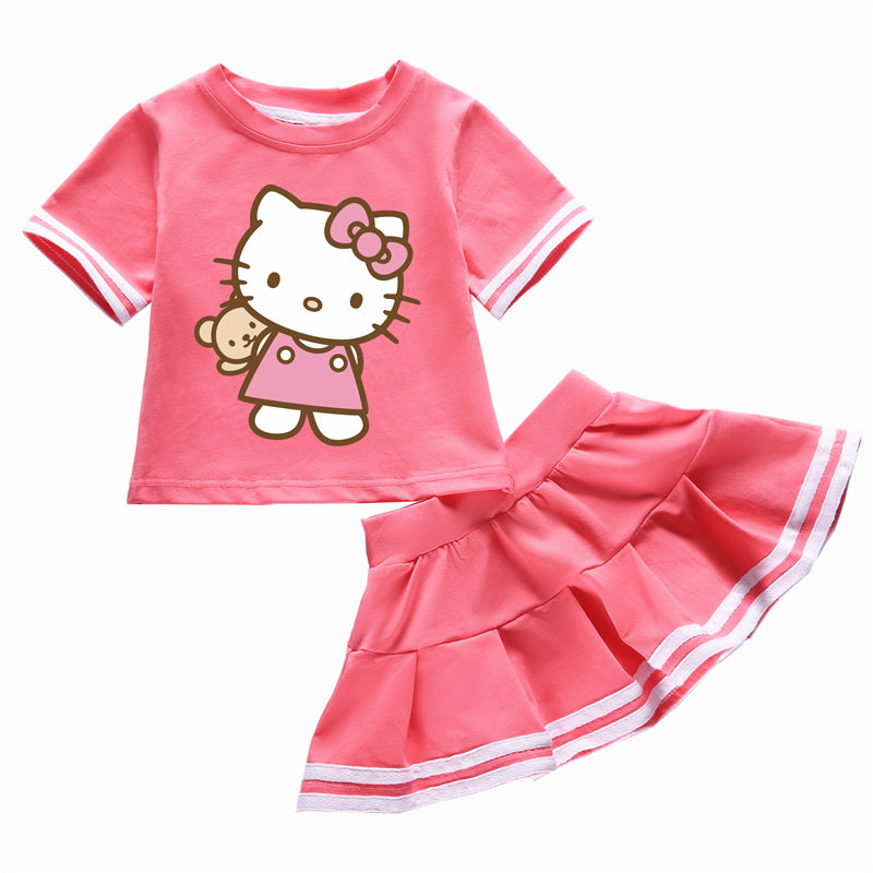 夏季韩版HelloKitty女童粉色翻领海军风棉T恤宝宝百褶短裙2件套装