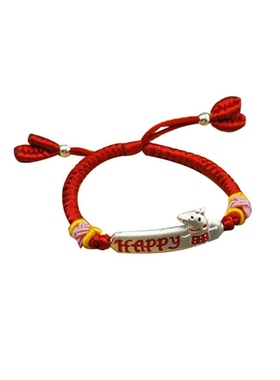 纯银小猪学生编织儿童红绳手链