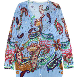 住利安新款针织网眼印花瘦身长袖人气开衫复古休闲飘逸显身材女装