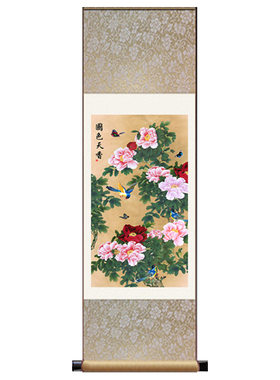 丝绸卷轴画挂画送老外名人画牡丹