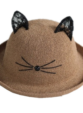 女卷边圆顶猫咪盆帽渔夫帽帽帽子