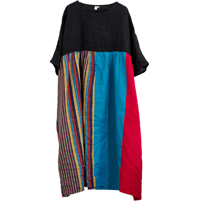 复古风亚麻拼接撞色宽松连衣裙