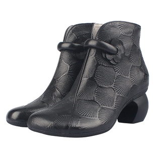 相伴真皮短靴女民族风棉鞋粗跟复古鞋子加绒女鞋手工皮鞋