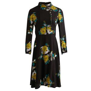 海兰丝春新款流行收腰显瘦长袖A字裙子高端碎花雪纺连衣裙