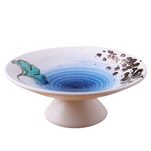 手绘日式高脚菜盘家用糕点盘糖果盘创意商用海草丝碟复古高台盛器