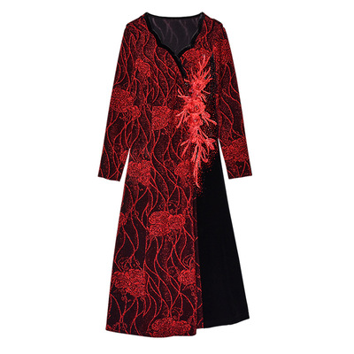 妈妈装连衣裙针织刺绣中长款大码