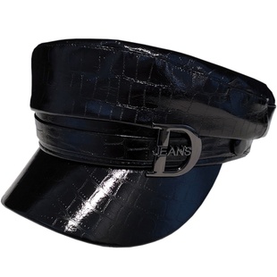 黑色皮帽女贝雷帽鸭舌帽小众潮牌韩版画家八角帽鳄鱼纹平顶帽帽子