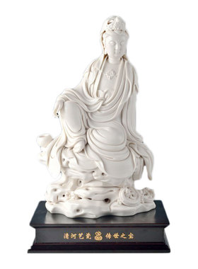 戴玉堂陶瓷摆件《坐岩自在水月观音像》苏友德大师佛像装饰艺术品