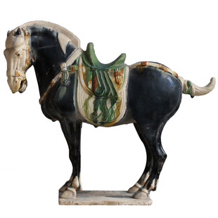 高超仿古中国马洛阳唐三彩艺术品中式黑马陶瓷摆件博物馆古玩古董