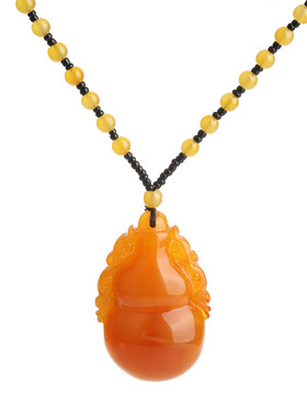 长款民族风鸡油黄琥珀蜜蜡吊坠