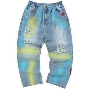 GENANX闪电潮牌牛仔长裤男夏季街头时尚个性喷漆印花牛仔裤男青年