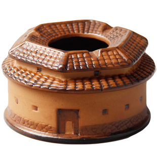 大埔馨明园陶瓷 全手绘青花瓷/彩陶土楼烟灰缸 围龙屋烟盅 包邮