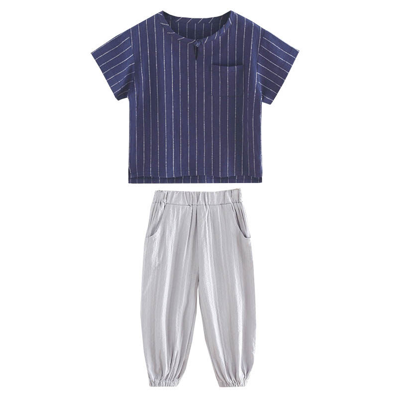 男童夏季麻棉宽松短袖长裤两件套礼服定制/加工