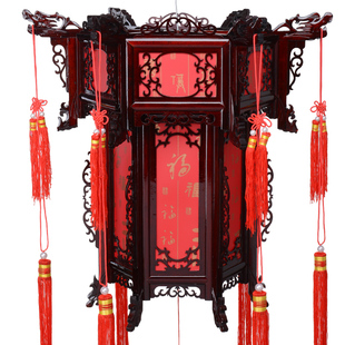 中式实木灯笼大红灯笼仿古羊皮六角宫灯古典木质灯笼阳台茶楼吊灯