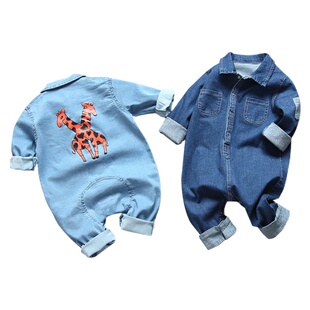 2-18月婴儿纯棉牛仔连体衣男女宝宝秋冬款加绒保暖爬爬衣开衫哈衣