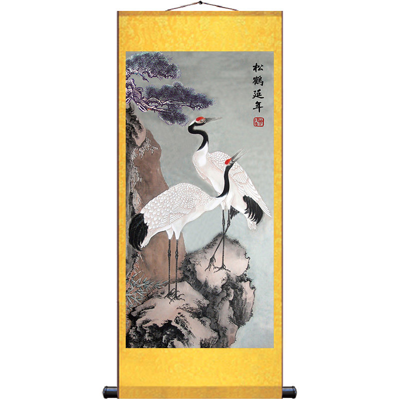 松鹤延年 仙鹤寿桃 梅鹤国画名人国画丝绸画客厅玄关书房装饰画
