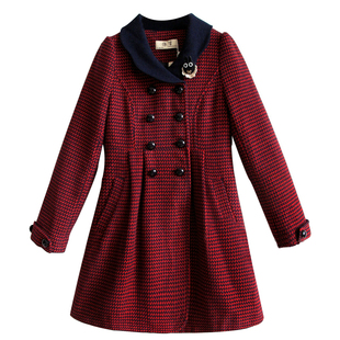 国内撤柜 依言优雅波浪边翻领小格子修身羊毛呢料大衣长外套清仓