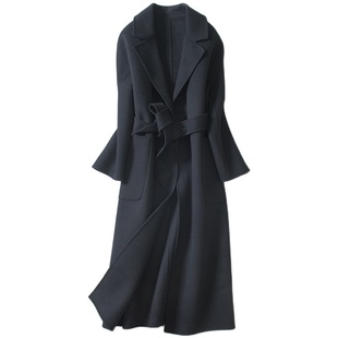 贝源2025新白色双面羊绒大衣女中长款赫本风过膝系带羊毛毛呢外套