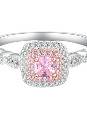 纯银戒指女粉彩色钻正方公主钻戒