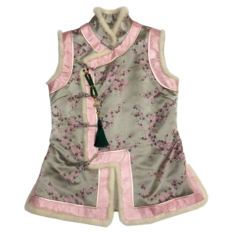 重磅牛货！复古中式改良中国风立领水貂毛夹棉无袖背心马甲唐装