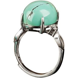 天然湖北原矿绿松石戒指女简约925银开口指环戒面生日礼物饰品