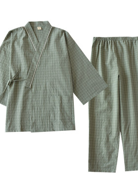 家居服套装日式纯棉纱布绑带